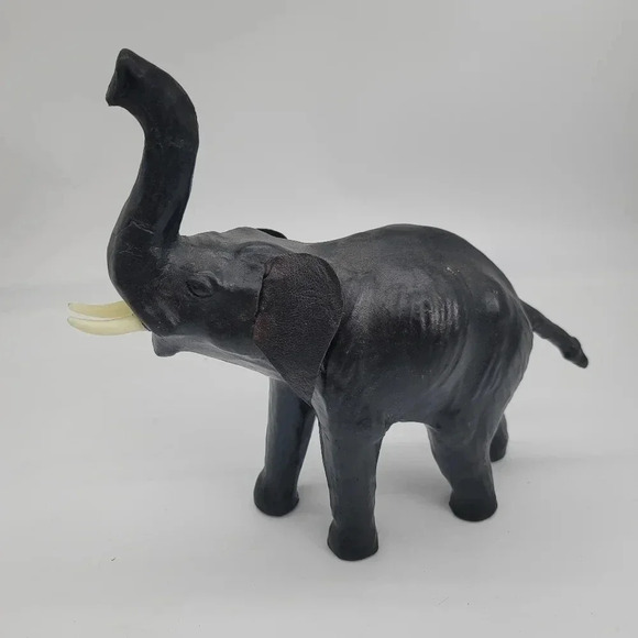 Leather Wrapped Elephant Figure Trunk Up Wildlife Vintage Collectible Handmade - Picture 6 of 13